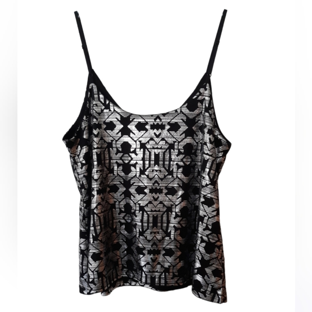 NWT Material Girl Medium Black Silver Foil Tribal Print Spaghetti Strap Camisole